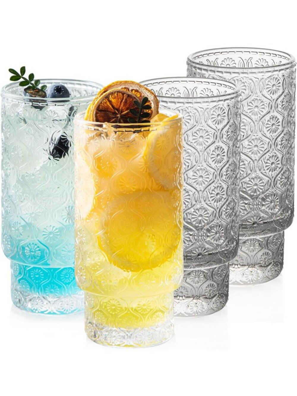 Set of 4 Vintage Textured Cocktail Glasses - 16oz Stackable Old Fashioned Cups